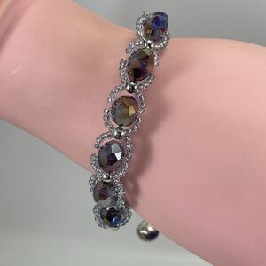 Artisan Hand Crafted Purple Silver Glass Beaded Weave Bracelet Silver Tone Boho